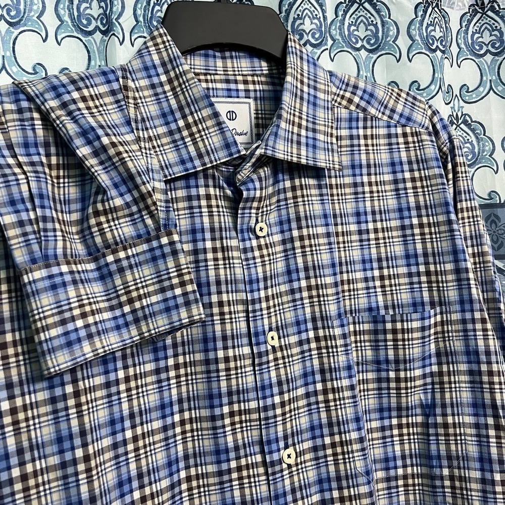 David Donahue Dress Shirt Men's Large Blue Plaid Button Up Cotton